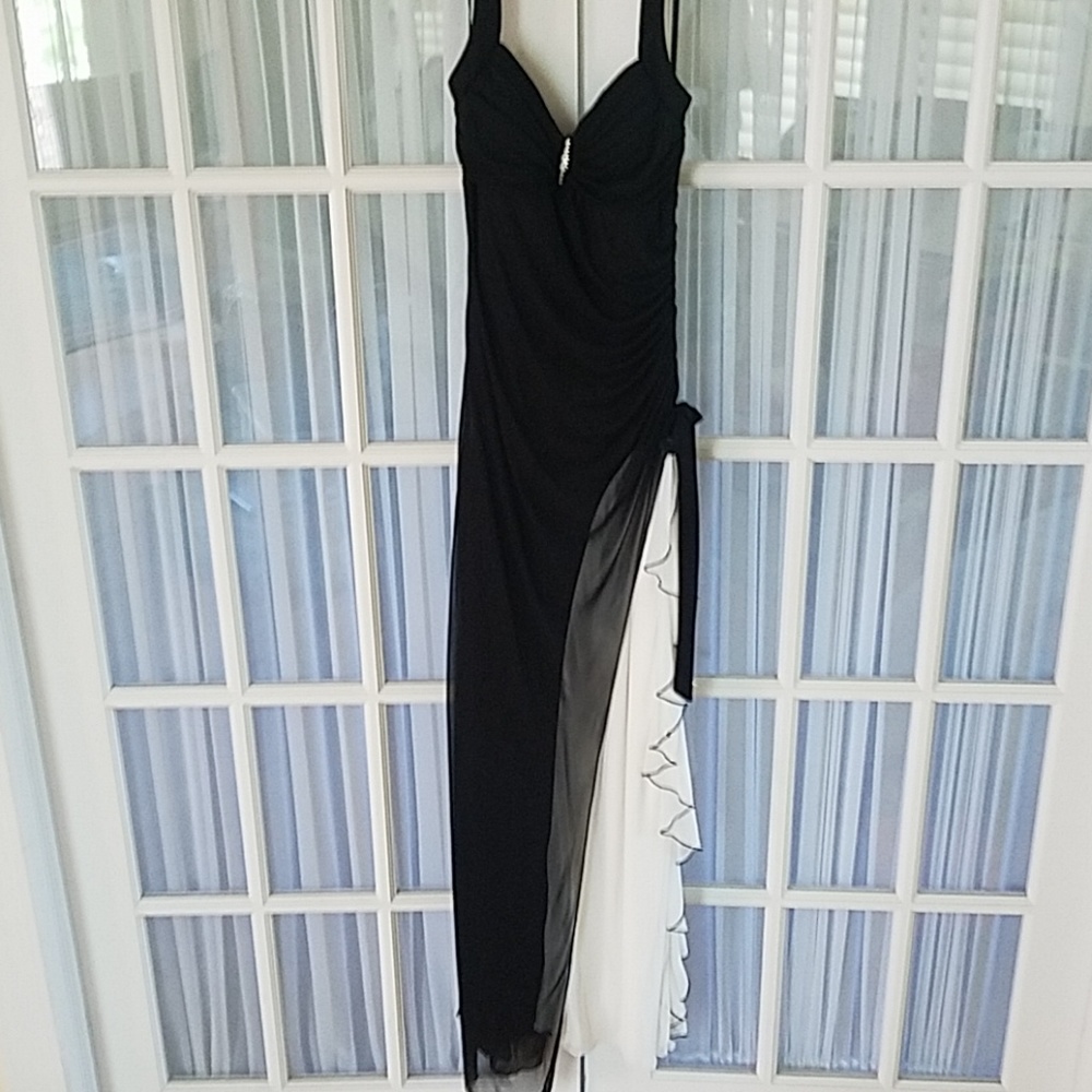 Black and White Side Slit Halter Dress